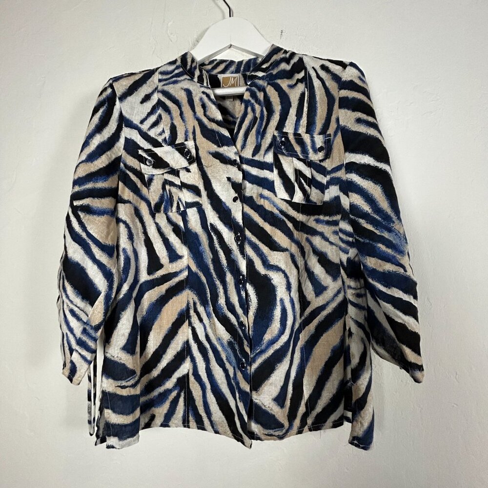 JM Collection Petite Womens Size 16P Zebra Print Button-Up Linen Shirt Top Blue